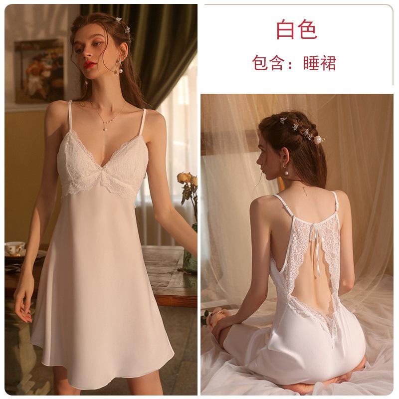

Satin lace deep V temptation plus chest pad halter strap waist suspender nightdress robe loungewear M