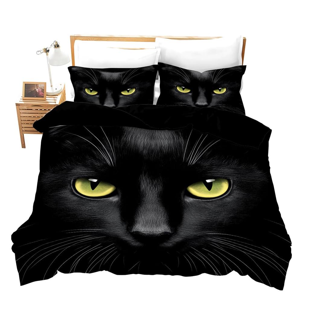 Black Cat Duvet Cover Set Gradient Line Cute Animal Bedding Set with Pillowcase Teens Kids Adults Room Decor Queen Duvet Covers