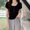 Pure desire tight shoulder short-sleeved T-shirt short button-up top summer design low-necked American Spice Girl threaded T-shirt