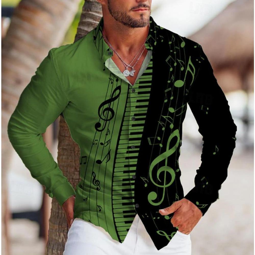Men's Music Note Printed Long Sleeve Shirts Casual Cardigan New Button Holiday Fashion Shirts