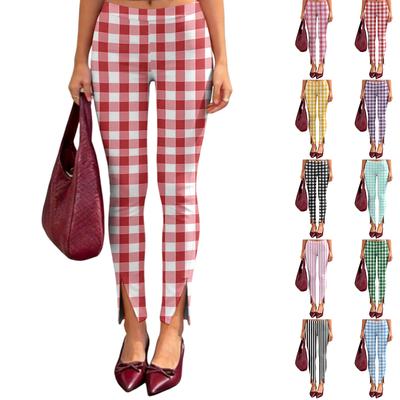 Damen Y2K Karomuster Street Style Schmal Geschnittene Hose mit Seitenschlitz Design Hohe Taille Stretch Sportliche Hose