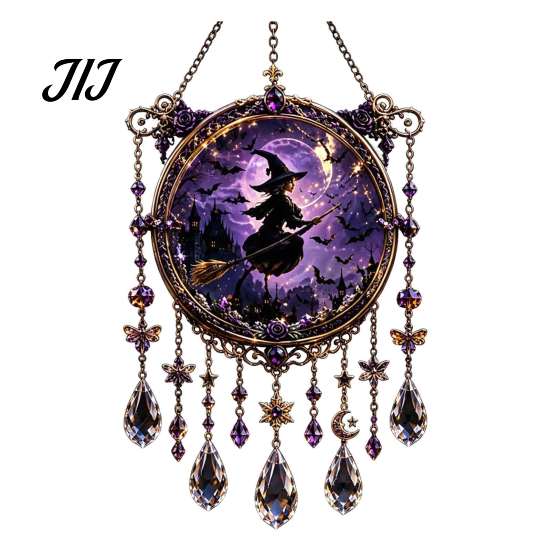 Acrylic Hanging Decor Halloween Crystal Window Suncatcher, Witch Wind Chime, Decorative Creative Birthday Presents Ornament for Indoor Outdoor Garden