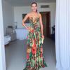 Women's Multi Color Abstract Print Strapless Maxi Dress Elastic Waist Flowy Long Dress