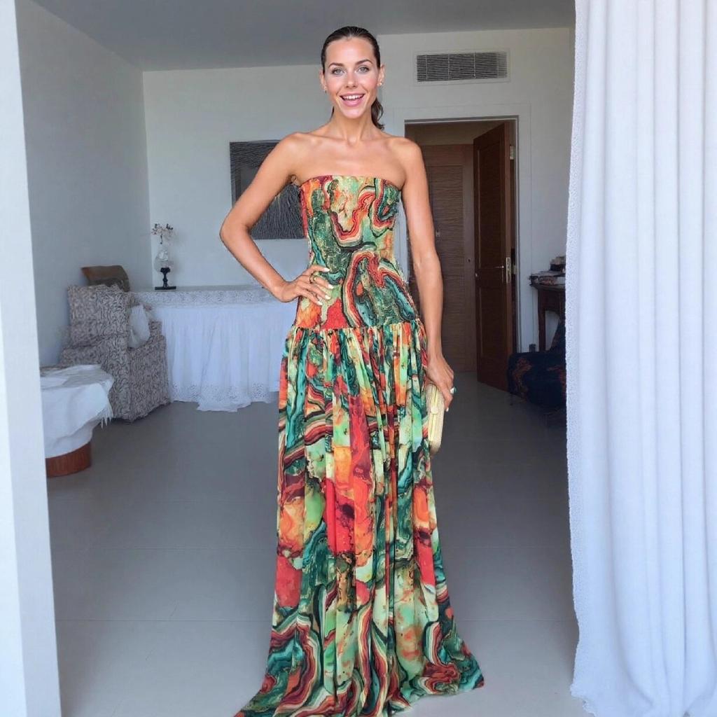 Women's Multi Color Abstract Print Strapless Maxi Dress Elastic Waist Flowy Long Dress
