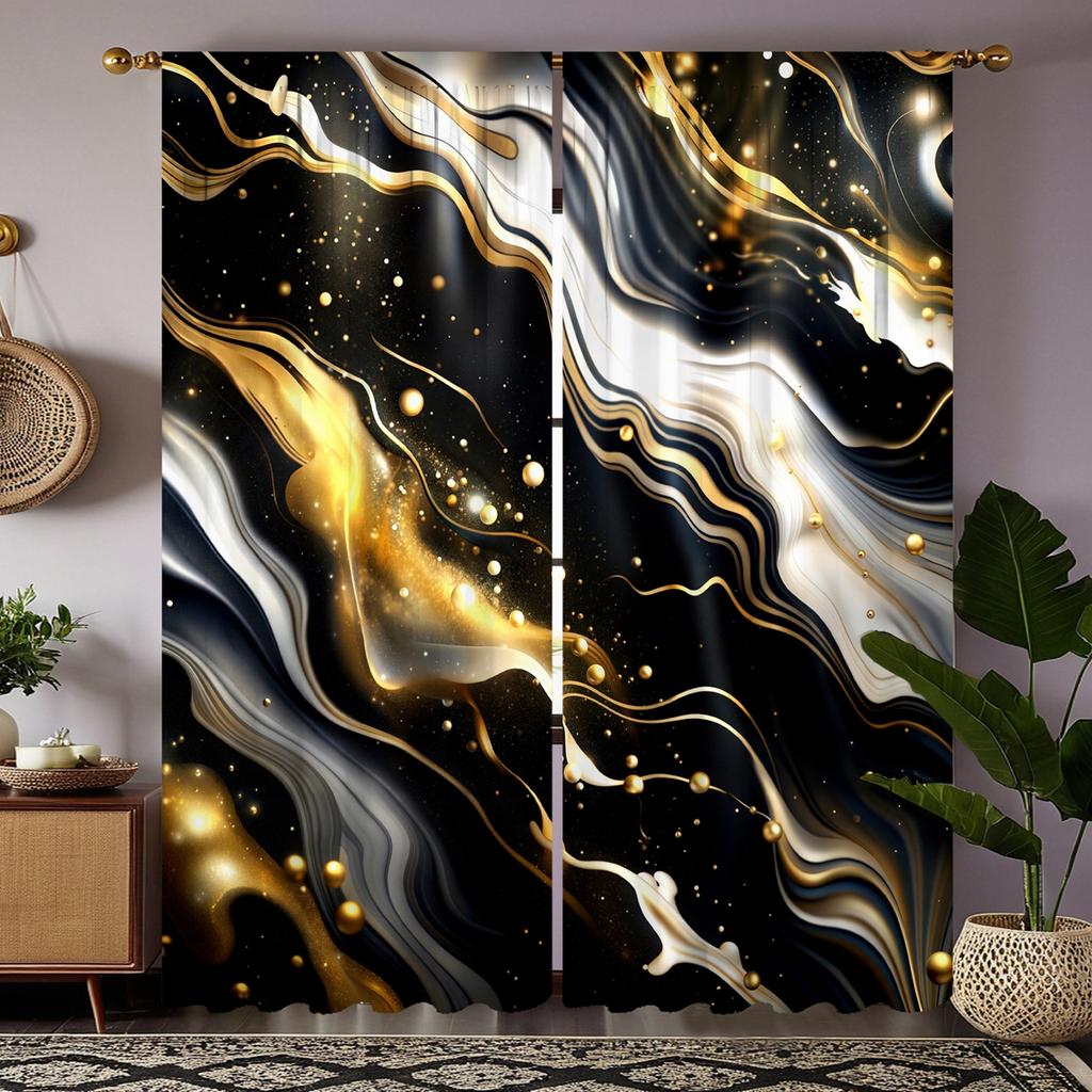 2PCS HD digital curtain print black tie black gold quicksand stripes Home decoration style Decorate living room bedroom wear
