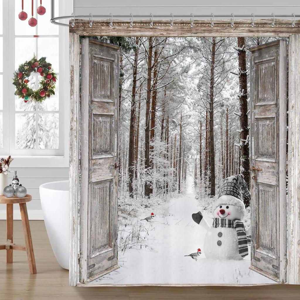 Winter Weihnachten Duschvorhang, Niedlicher Schneemann Winterwald Kiefer Szene Duschvorhang Für Badezimmer Rustikales Bauernhaus Weihnachten