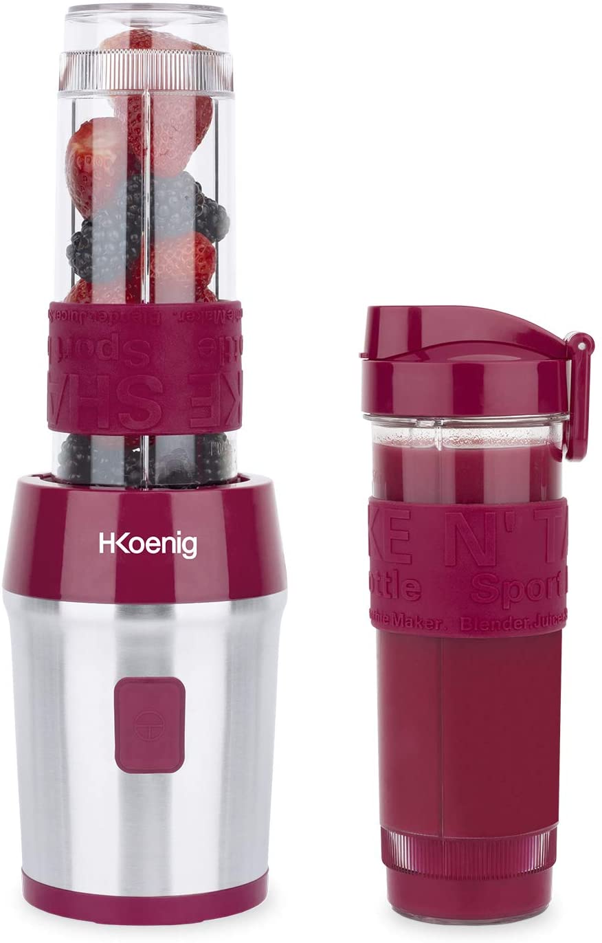 Mélangeur en verre portable américain H.Koenig SMOO10, pour jus, smoothies, smoothies, capacité 570 ml, 300 W, comprend 2 bouteilles de sport, acier inoxydable