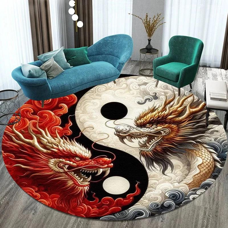 Luxury Sakura Goldfish Dragon Lion Cat Tree Design Carpet Mat Round Machine Washable Rug for Living Room Rugs for Bedroom