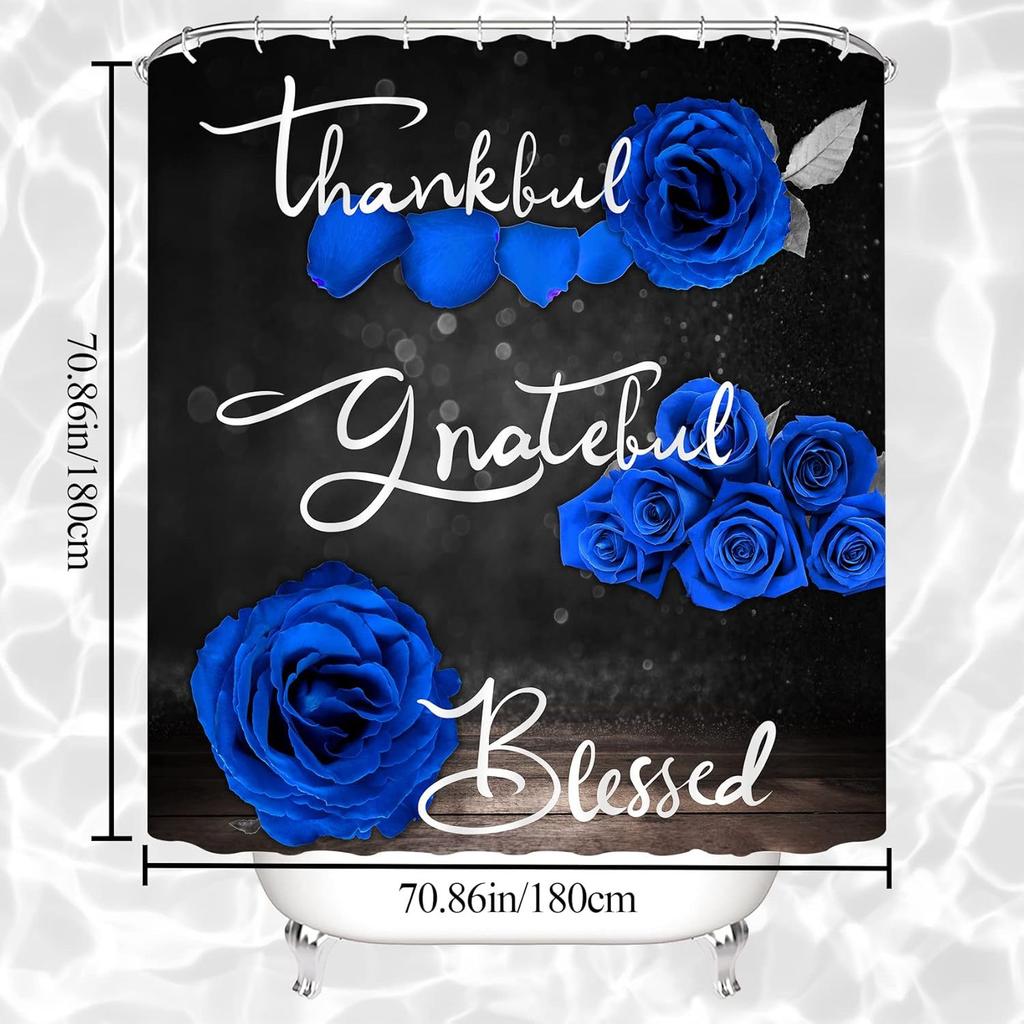 4-Piece Blue Rose Shower Curtain Set, Thank You Blessing Bathroom Curtain With Non-Slip Carpet Toilet Cover Pad U-Shaped Pad
