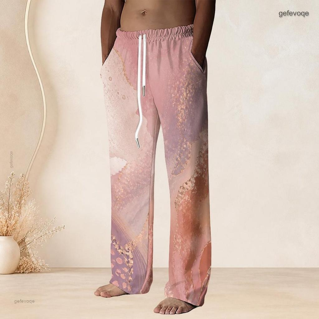 Men S Plus Size Pink Gold Printed Drawstring Waist Straight Leg Full Length Beach Pants With Pockets