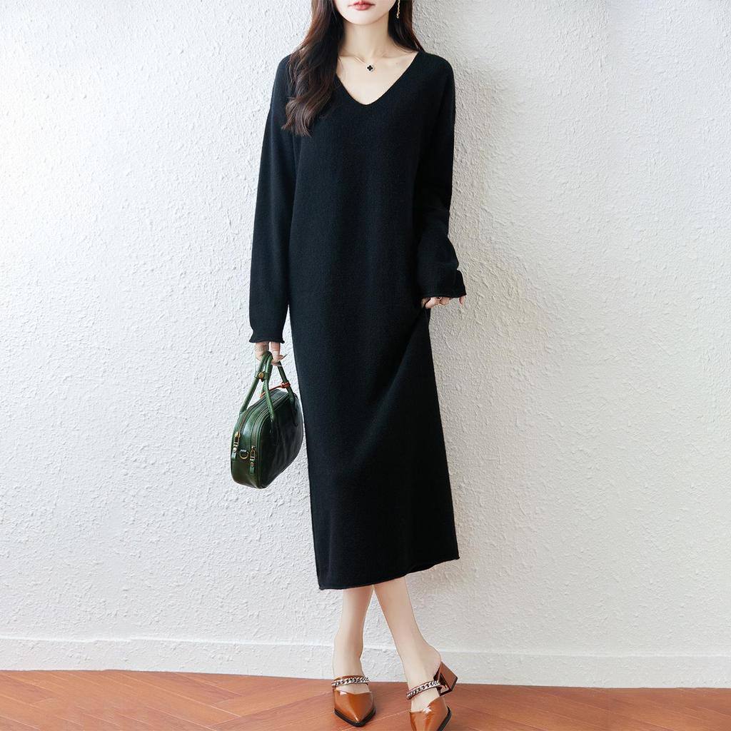 Women's V-Neck Pure Wool Knit Sweater Dress - Mid-Length, Loose Fit for Autumn & Winter