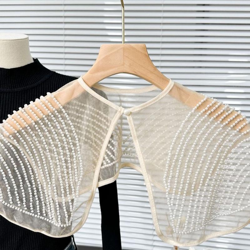 Japanese Women Girl Fake Collar Shawl Scarf Faux Pearls Beading Vintage Shoulder Wrap Sheer Organza Half Shirt Poncho