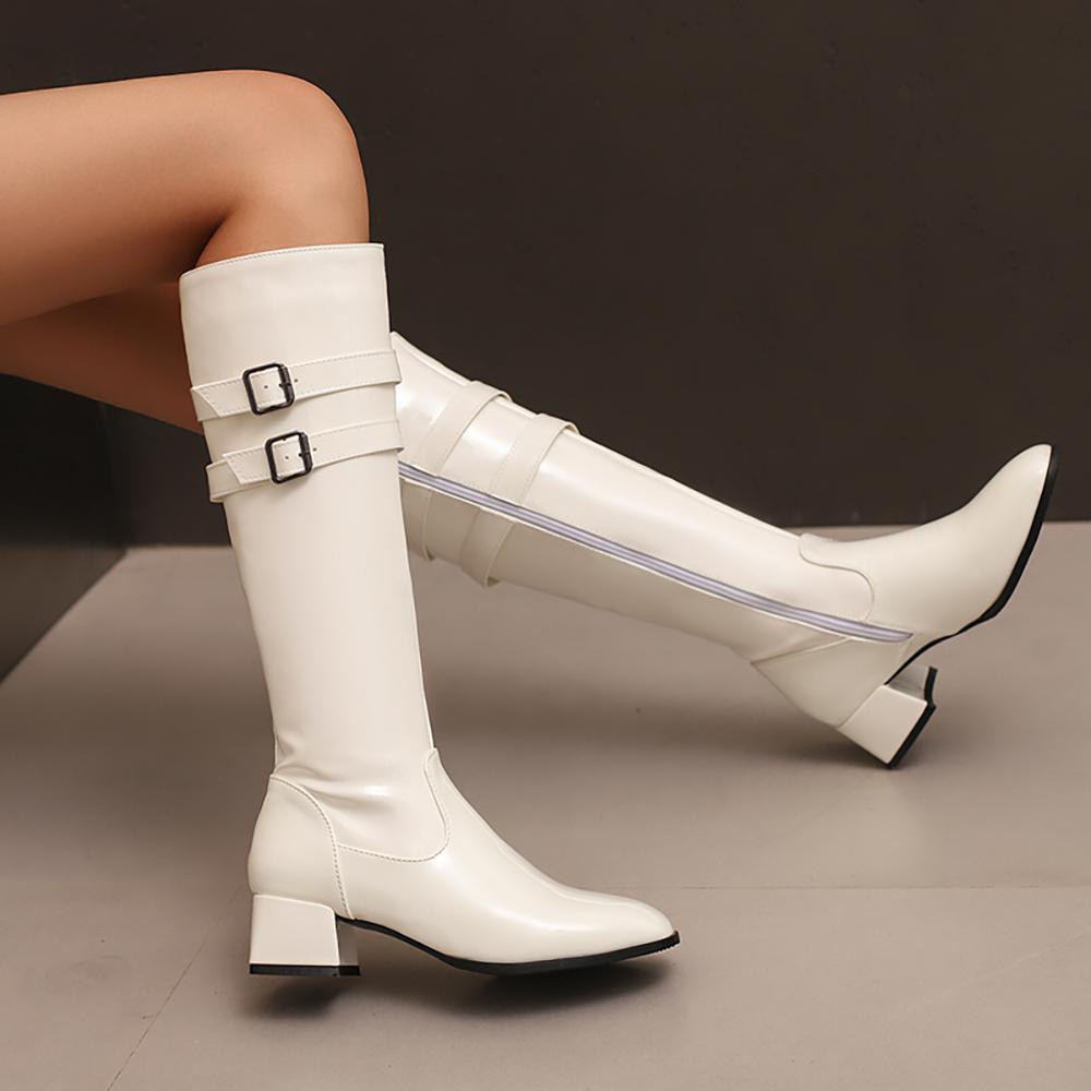 Red Black Women Knee High Boots Round Toe Mid Chunky Heels Small Big Size 32 46