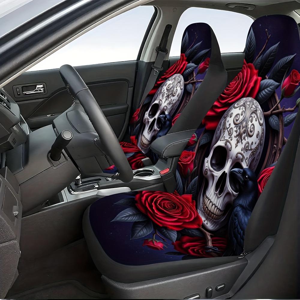 2pcs Gothic Skull & Raven Car Seat Covers Compatible For Fit, Gothic Vehicle Interior With Washable Design, Driver & Passenger S