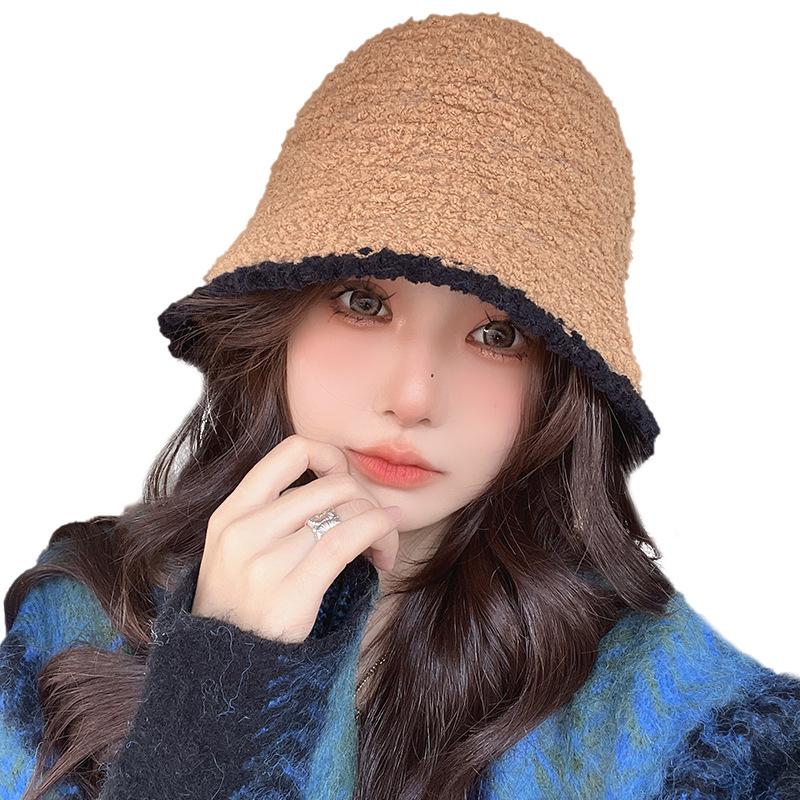 Women's Fashion Japanese and Korean Style Two Tone Bucket Hat Ladies' Autumn and Winter Warm All Match Knitted Hat