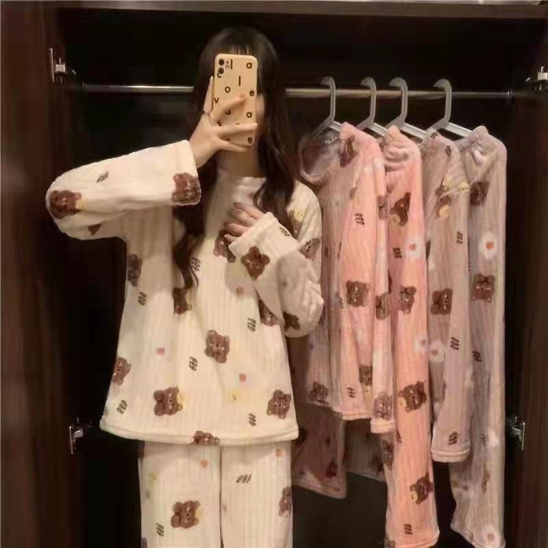 Women's Winter Coral Fleece Pajama Set - Thick, Warm, Round Neck, Mid-Length Casual Homewear