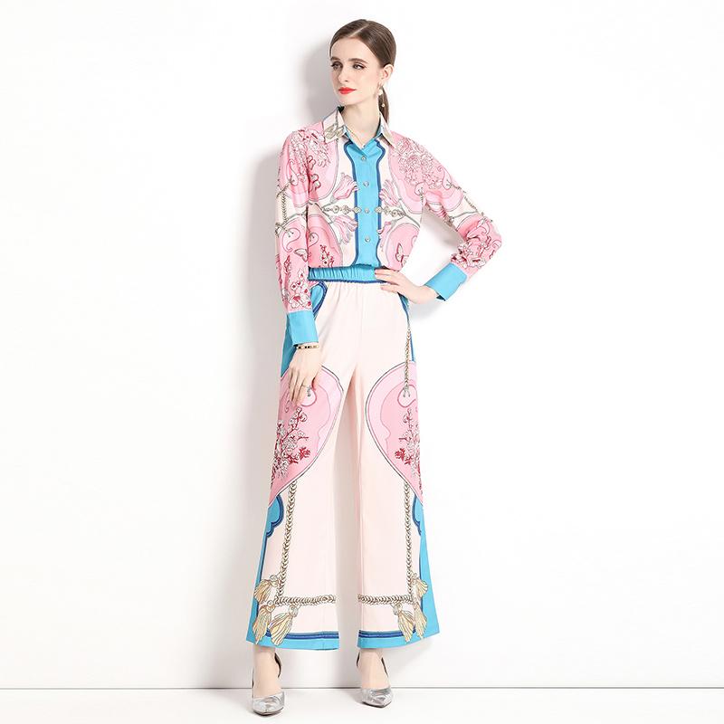 Spring Autumn Runway Designer Chain Flower Print Two Piece Set Women Long Sleeve Shirt Top And Elastic Waist Wide Leg Pant Outfit