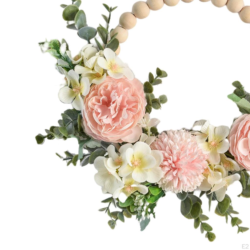 Peony Wreath Faux Floral Round Wooden Bead Spring for Door Bedroom
