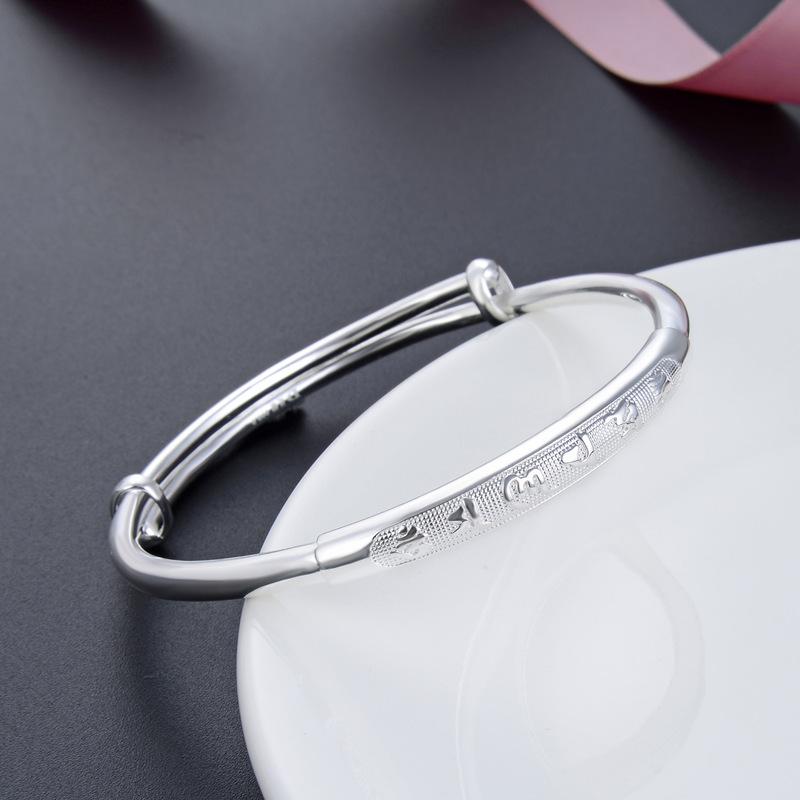 Six Character True Words Pure Silver Bracelet 999 Silver Ethnic Style Retro Sliding Style Smooth Solid Mother's Foot Silver Bracelet