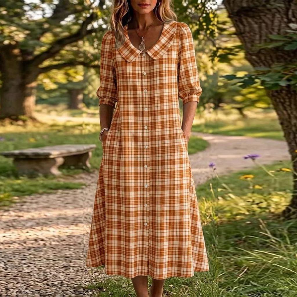 Women's Short Sleeve Plaid Dress - Lapel Collar Single Breasted Casual Button Down Dress