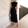 Women's Color Casual High Neck High Waist Maxi Pocket Open Waist Maxi Dress