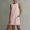Summer Sleeveless Maxi Dress for Women O Neck Loose Vest Dress with Pocket Casual Loose Dresses Robe Femme