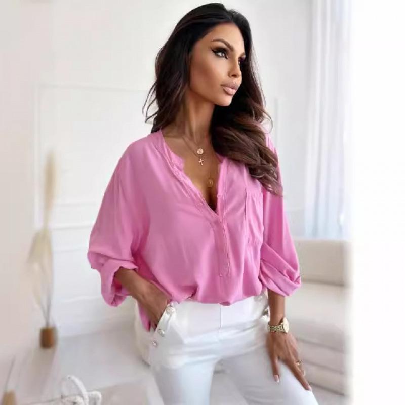 Women's Simple Loose Half-open Collar Single-breasted Long-sleeve Solid Color Shirt