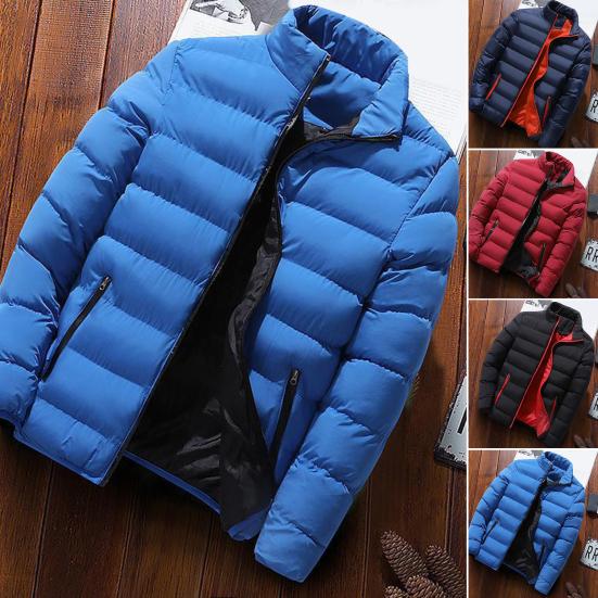 Men Parkas Solid Color Padded Stand Collar Long Sleeve Loose Thickened Autumn Winter Zipper Pockets Jacket Streetwear