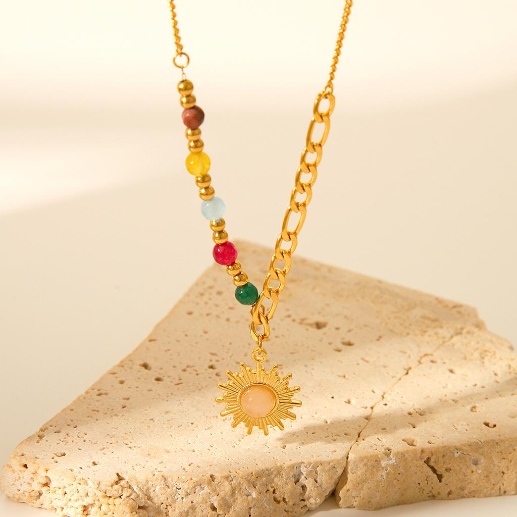 French style vintage 18K gold stainless steel sun cat's eye stone pendant necklace colorful stone titanium steel necklace