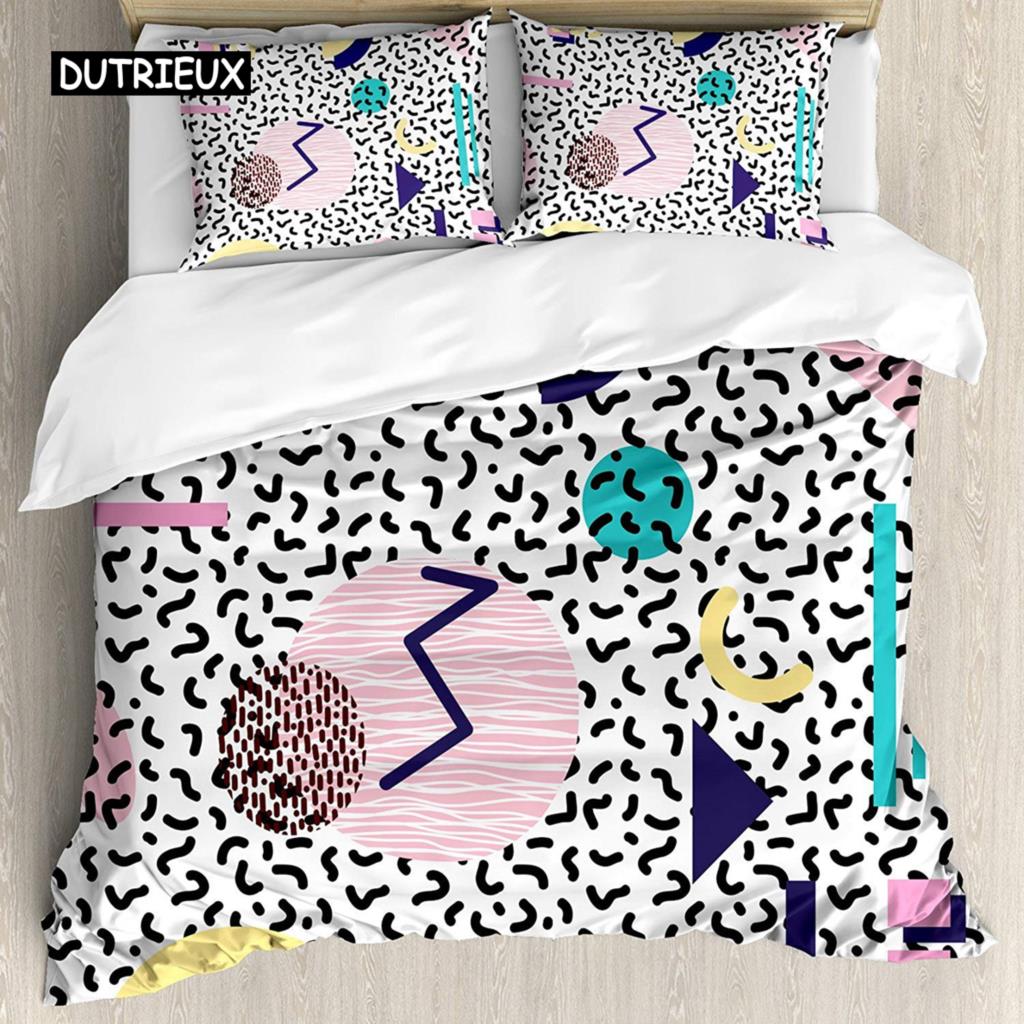 

Комплект постельного белья 90-х годов с буквами и звездами на полосатом фоне с кругами для вечеринки и праздника, комплект постельного белья размера «king-size» для двуспальной кровати EU single(135x200cm)