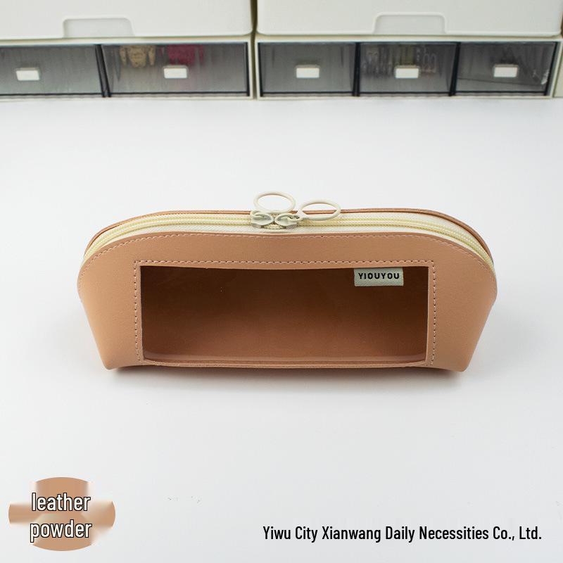 Morandi Color Double-Sided Leather Pencil Case with Transparent Window - Cross-Border 2024 Edition