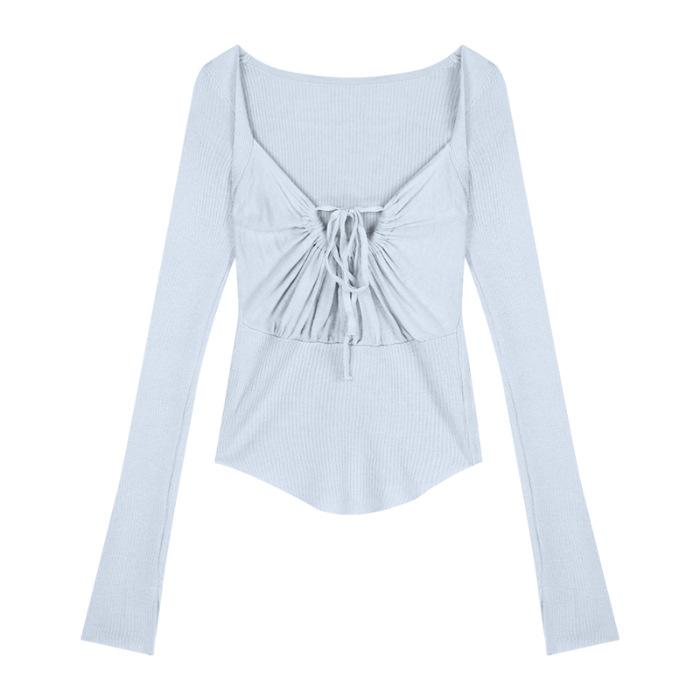 

Core-spun yarn, sexy Spice Girl square neck solid color shirt, long-sleeved female slim waist drawstring, straps and knitting. One size fits all синій
