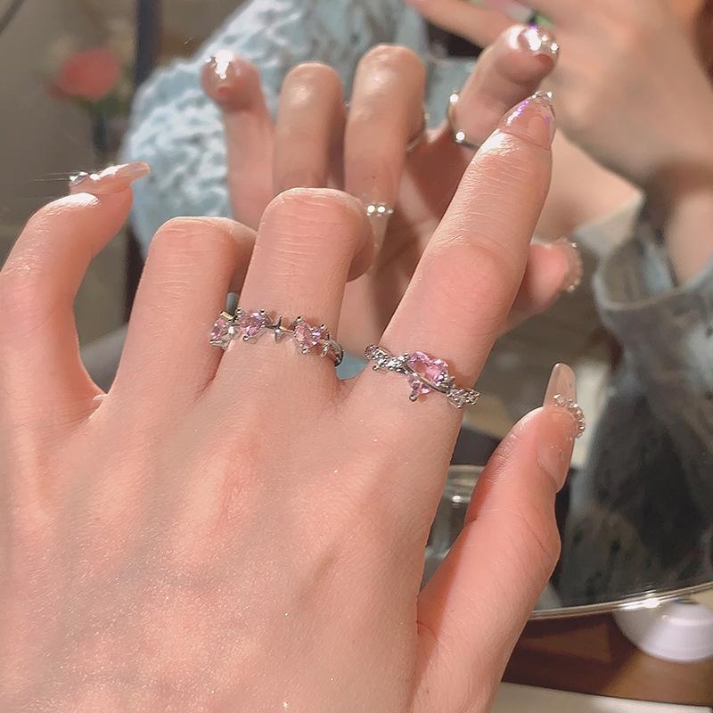 Style Sparkling Pink Zircon Bride Rings for Women Couples Korean Trendy Heart Star Geometric Wedding Party Jewelry