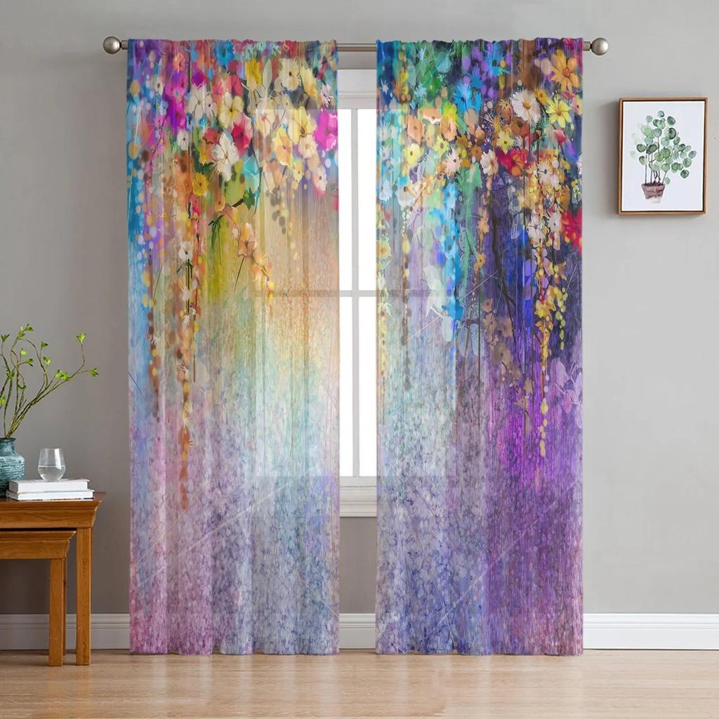 Rose Flower Abstract Tulle Curtains For Living Room Chiffon Voile Sheer Window Curtain For Bedroom