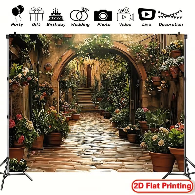 

2D Mediterranean Flower Alley Backdrop Rustic Stone Path Photo Booth Background 47.2x31.5inch/120*80cm