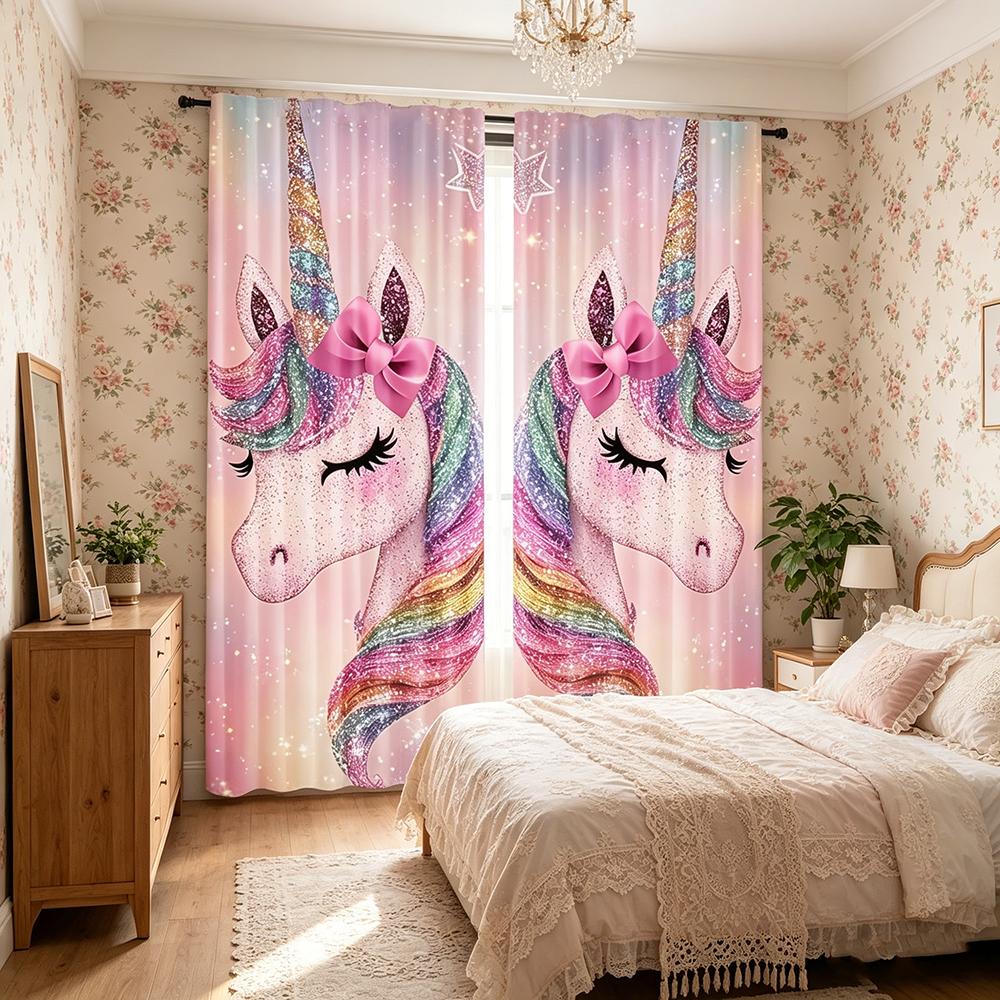 2PCS Digital Printed Curtains, Magic Hair Unicorn Fantasy Rainbow Kids, Window Curtains for Living Room Bedroom Home Decoration