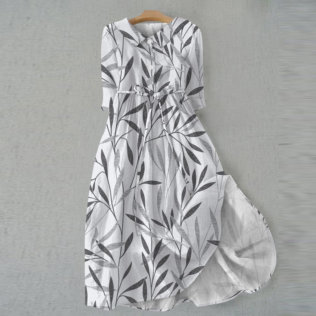 Women's Fashion Casual Printed Lapel Collar Button 3/4 Sleeve Clothing Straps Dress