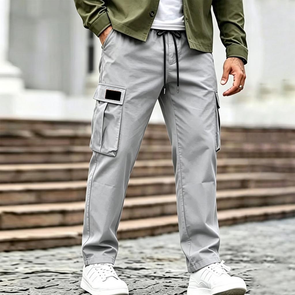 Men Drawstring Waist Cargo Pants with Multiple Pockets Relaxed Fit Trousers for Daily Casual Outdoor Activities