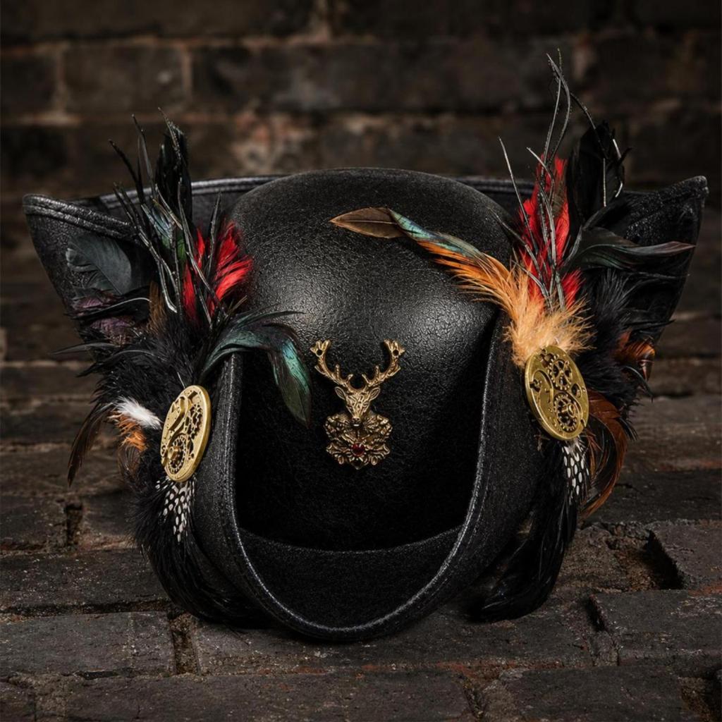 Tricorn Hat with Feathers Distressed Leather Weathered Vintage for