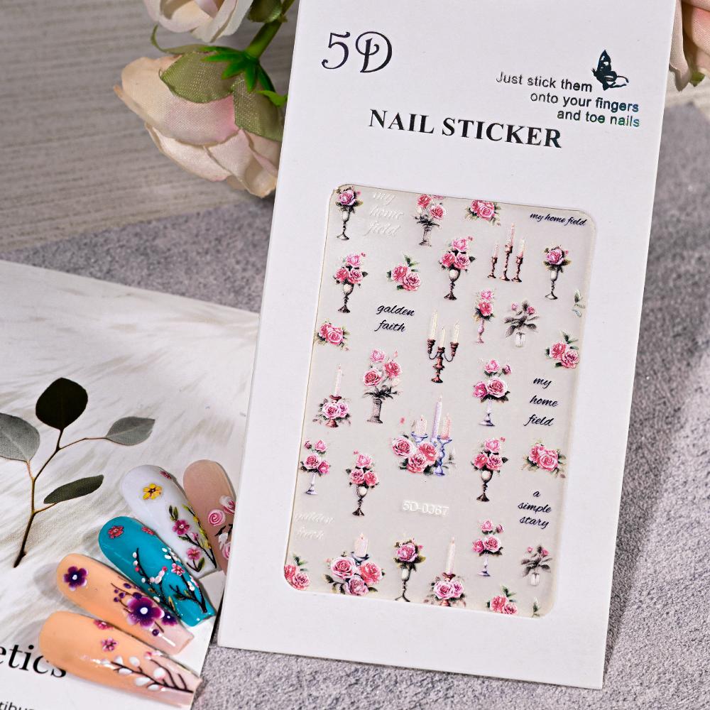 1sheet 5D Embossed Butterfly Nail Art Stickers Purple Butterflies/Floral Nail Art Decals Self-Adhesive Rose Flower Manicure Diy