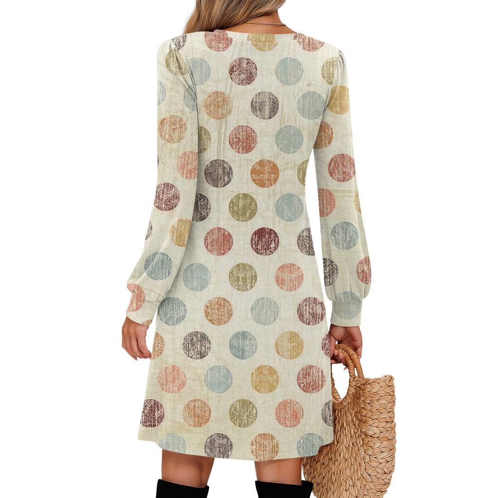 Ladies' Printed Casual And Fashionable V-neck Long Sleeved Mid Length Dress