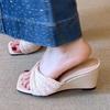 Eilyken Fashion Pleated Weave Square Toe Women Slippers Summer Design Wedges Low Heels Party Dress Slide Shoes