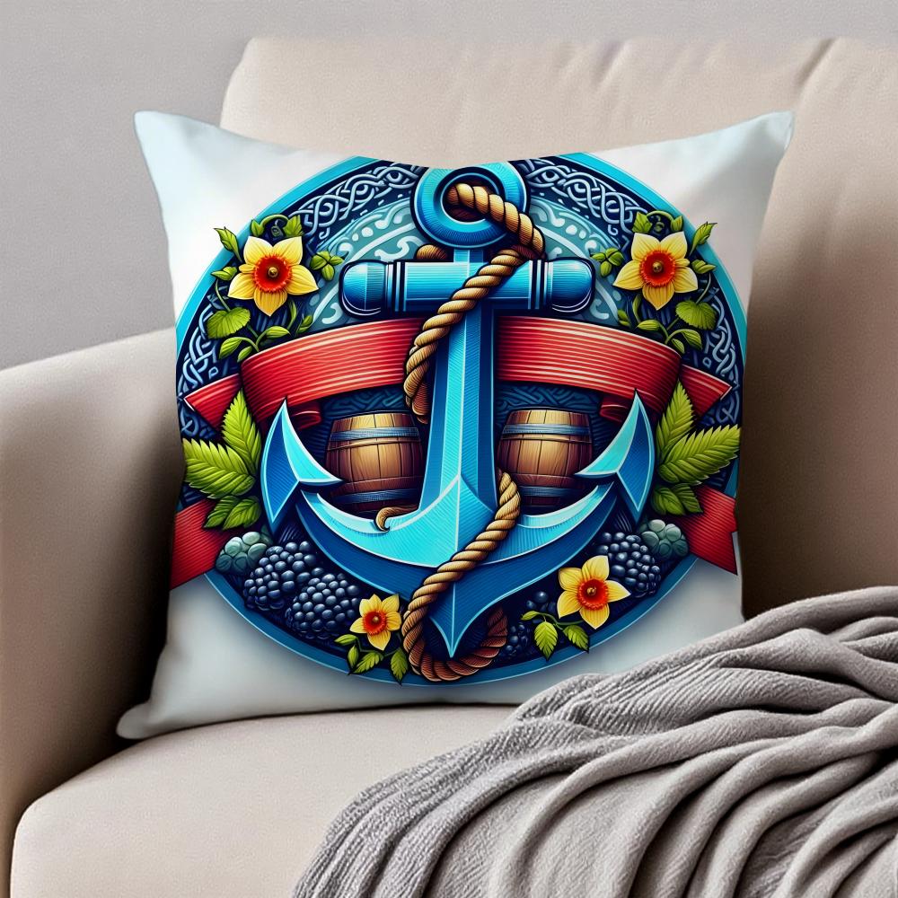 MMarine Theme Rudder Anchor Pillow Nautical Cushion Cover Pillowcase Antidustmite Invisible Zipper Short Plush Sofa Cushion