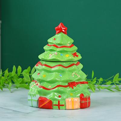 Hand-Painted Ceramic Snowman Cookie Jar, Christmas Tree Design Candy Storage Container, Holiday Kitchen Decor