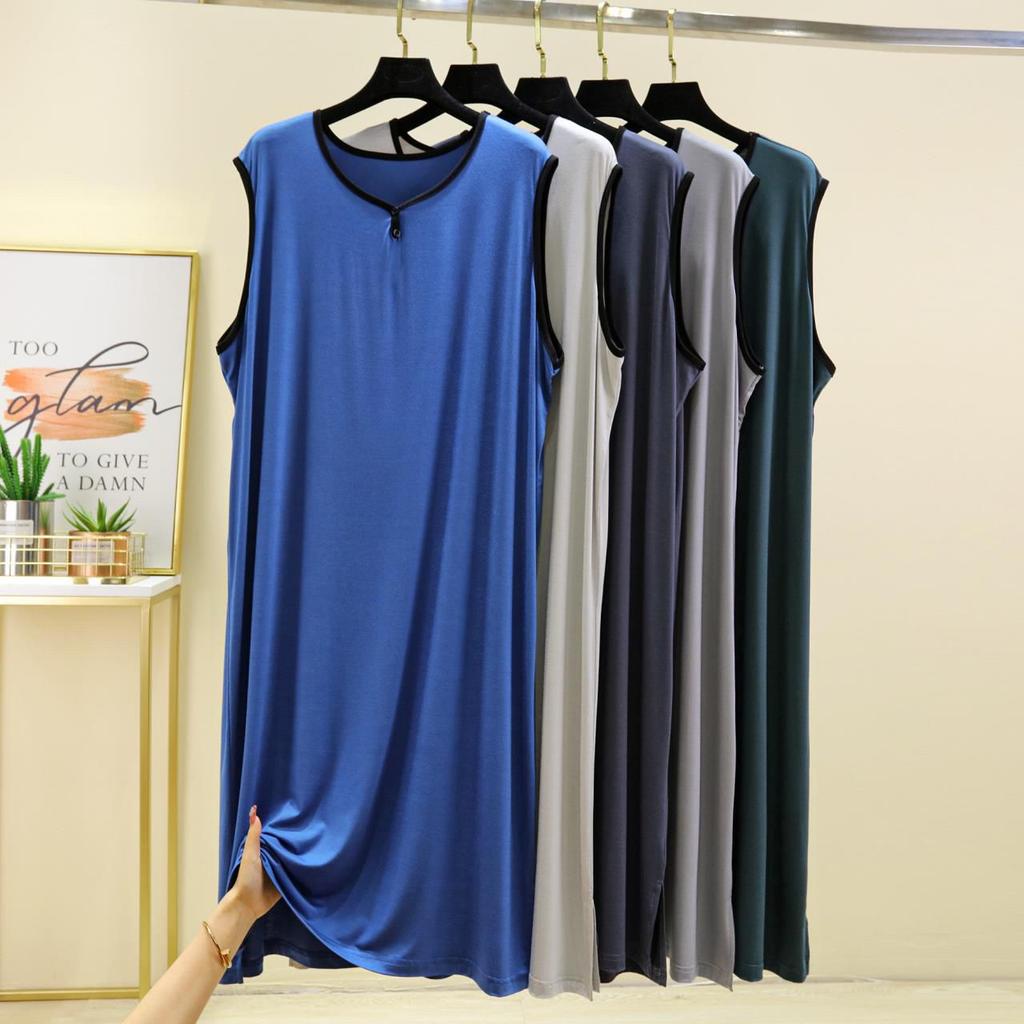 Men Modal Cotton Men Plus Size Night Gown for Summer Solid Color Thin Sleeveless Medium Long Loose Button Vest Style Dress