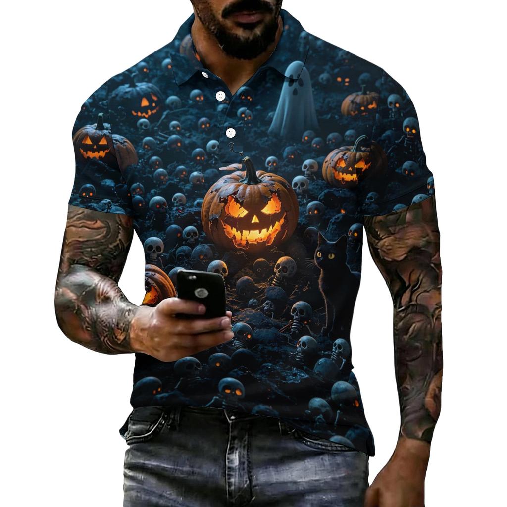 Mens Halloween Printed Vintage Texture Short Sleeve Polo Shirt Loose Breathable Summer Sports Streetwear Casual Top