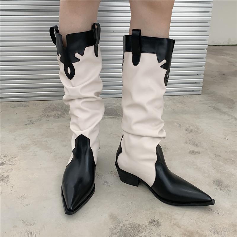 Autumn and Winter Knight Boots Women's Color Matching Pointed Head Thin Thick Heel Medium Heel Boots Long Boots But Knee High Boots