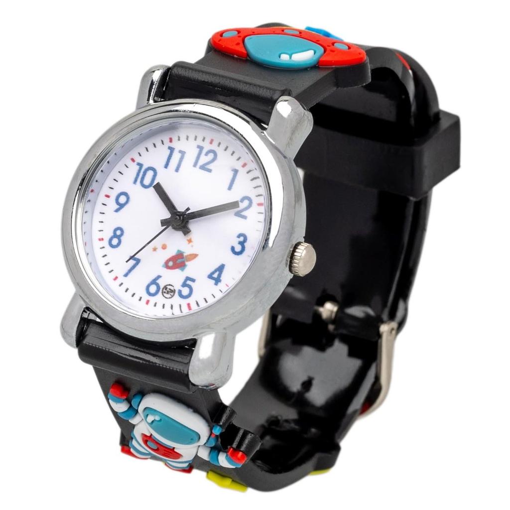 FIELD WORK Kids Analog Watch Puku Puku Cute Space Motif 3D Embossed Strap Boys Black PUK006-2