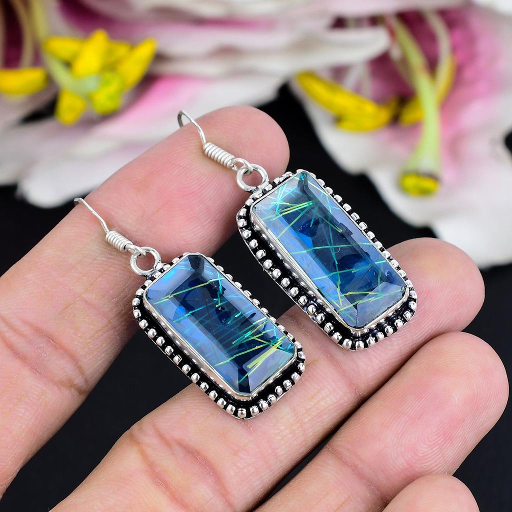 Blue Rutile Gemstone Handmade 925 Sterling Silver Jewelry Earring 1.97" KG-1792