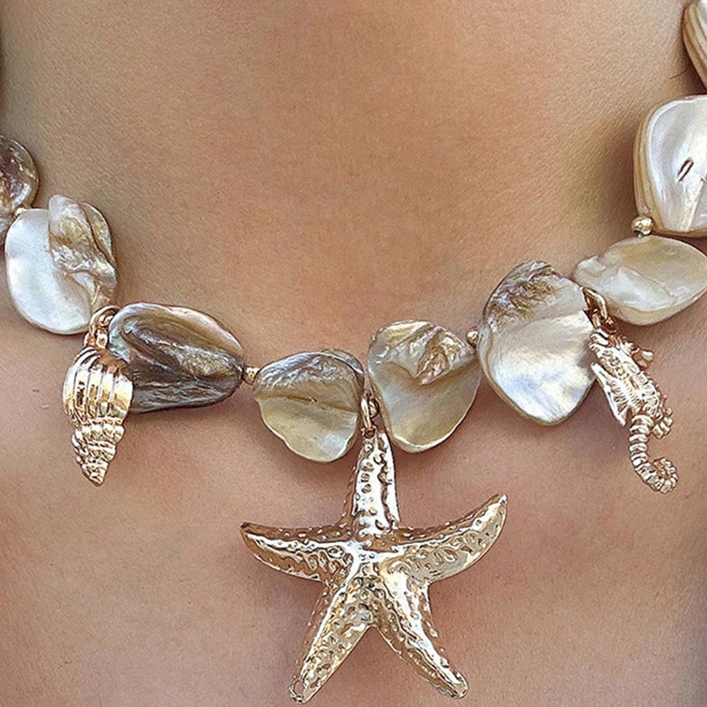 Collier Ras-du-cou Pendentif Coquillages Étoiles de Mer Perles Fausses Collier Ras-du-cou Statement Épais Collier Épais Costume Sirènes Collier Coquillages Étoiles de Mer